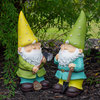 Set of 2 Green and Yellow Gnome Outdoor Garden Statues, 12"