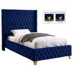 Meridian Furniture - Savan Velvet Upholstered Bed, Navy, Twin - Bring luxury to the forefront when you add this Savan velvet twin-size bed to your room. Upholstered in rich navy velvet from the top of its super-high headboard down to its footboard, this beautiful bed features deep button tufting and a wingback detail to make it a true standout in your space. This luxe bed comes with two sets of legsincluding both gold and chrome optionsso you can customize it to completely coordinate with other items in your space. Full slats are included so that you can set it up and start using it right away.
