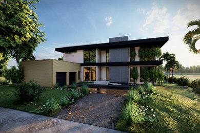 Design ideas for a large and white modern two floor front detached house in Houston with a flat roof and a white roof.