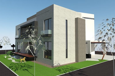 Large minimalist gray two-story concrete flat roof photo in Other