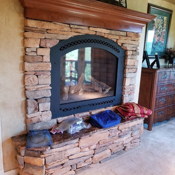 Before - the reddish mantle and beige stone felt dated