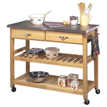 Transitional Kitchen Cart, Natural Finished Hardwood Body & Stainless Steel Top