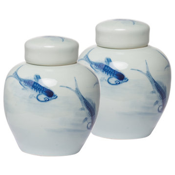 Benzara BM286405 8" Lidded Ginger Jar, Painted Koi Fish, White Blue 2-Piece Set