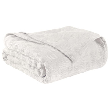 100% Cotton Basketweave Thermal Woven Blanket, White, Throw