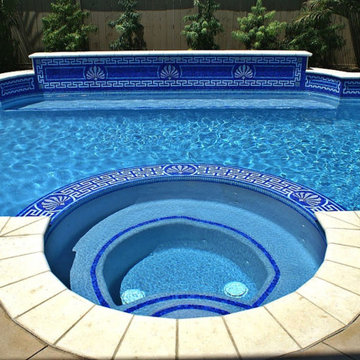 Pool and spa with matching mosaic borders, San Diego