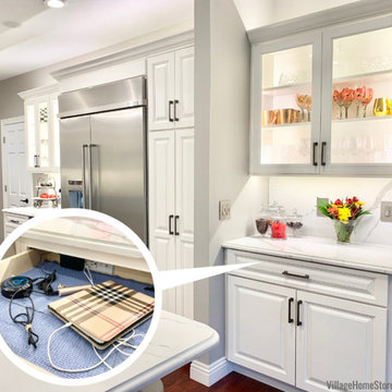 Ivory White Kitchen With Marble Look Quartz Counters and Splash