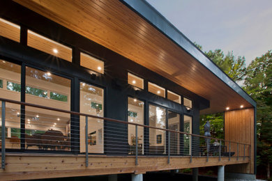 Example of a mid-sized mid-century modern black one-story metal exterior home design in Grand Rapids with a metal roof