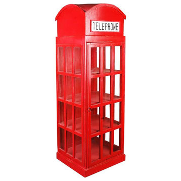 English Phone Booth Cabinet Distressed Red Solid Wood Glass Display Shelf Case