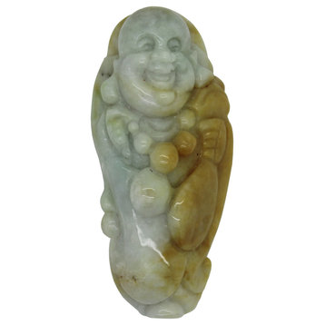 Jade Pendant Green & Dark Brown Happy Buddha, Laughing Buddha Figure