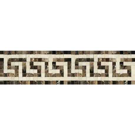 Emperador Dark Marble Polished Greek Key Border Listello w/ Crema Marfil Dots