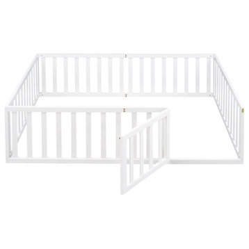 Gewnee Wood Full Size Toddler Bed with Fence and Door in White