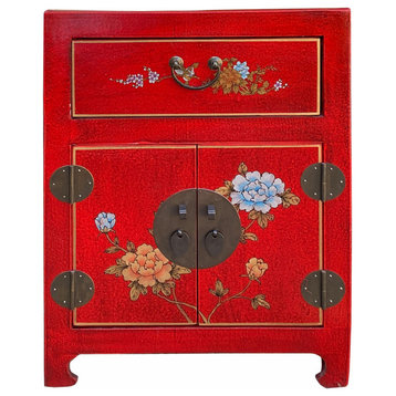 Chinese Red Vinyl Moon Face Flower Birds End Table Nightstand Hcs7132