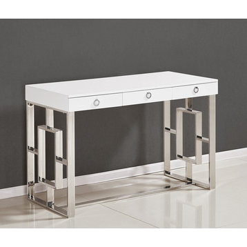 Brooks Contemporary 3-Drawer Writing Desk, White/Silver