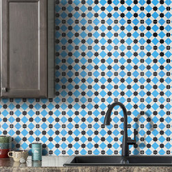 Moroccan Mosaic & Tile House - 8"x8" Ait Baha Handmade Cement Tile, Blue/Black, Set of 12 - Wall And Floor Tile