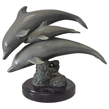 Three Grey Dolphins Swimming Bronze Statue on Marble - Size: 16"L x 9"W x 13"H