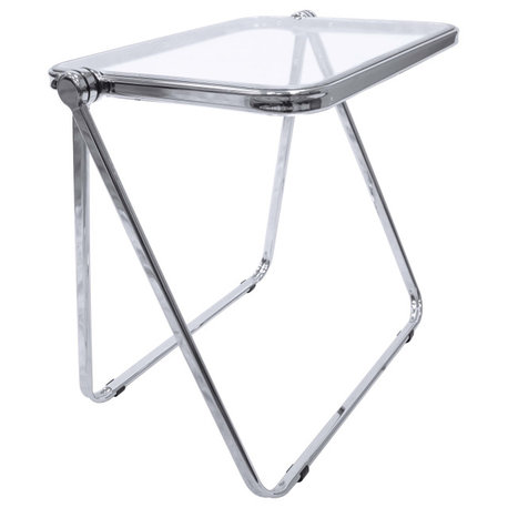 LeisureMod Lawrence Square Plastic Folding End Table With Iron Frame, Clear