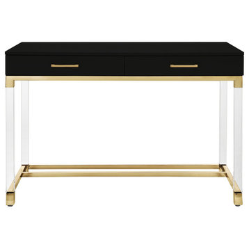 Dario High Gloss Writing Desk With Acrylic Legs and Metal Base, Black/Gold