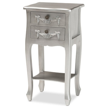 End Table, Cabriole Legs & 2 Drawers With Floral Accented Front, Brushed Silver