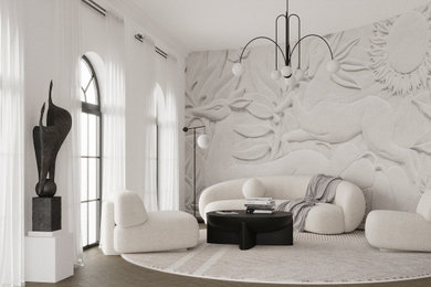 Идея дизайна: серо-белая гостиная комната в современном стиле с белыми стенами