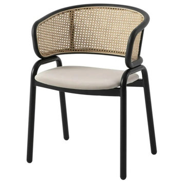 Dining Chair, Stainless Steel Legs & Velvet Seat With Curved Rattan Back, Beige