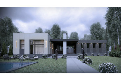 Идея дизайна: одноэтажный, серый частный загородный дом среднего размера в современном стиле с комбинированной облицовкой, плоской крышей, металлической крышей и серой крышей