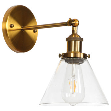 Modern Cone Wall Light 1-Light Clear Glass Style Swing Arm Light, Gold