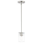 Maxim Lighting International - Sleek 1-Light Mini Pendant, Satin Nickel - Cylinders in Clear Seeded glass on simple Satin Nickel frames or matte Black frames with Antiqued Brass socket covers. Pivoting arms on chandelier allow it to direct light up or down. Use filament lamps either tubular or Edison in shape for a Coastal or Industrial look, or use a traditional A19 to create a more transitional look. A full range of affordable lighting for the kitchen, dining room, bathroom, or bedroom that easily complements fashionable finishes and lasting styles.