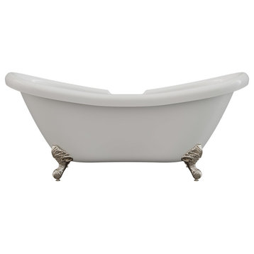 68" Double Ended Slipper Tub, Deck Mount Faucet Holes, Brushed Nickel Feet