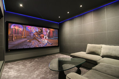 Medium sized modern enclosed home cinema in Other with grey walls, carpet, a projector screen and grey floors.
