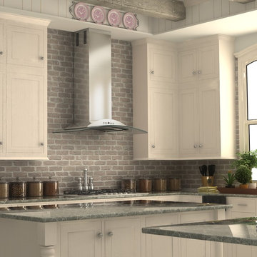White farmhouse kitchen featuring a ZLINE KN Stainless Steel Glass Range Hood