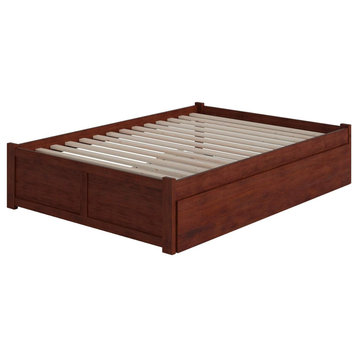 Modern Full Size Platform Bed, Wooden Slats Support and Trundle, Walnut