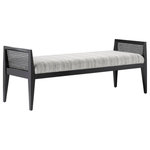 Currey & Company - Teagan Ivory Bench - A dark beauty, our Teagan Ivory bench has handsome cane sides and a beech wood frame, both in a weathered beech finish. Resonating with the glossy dark tones, the striations in the F0230 Attel Ivory fabric adds to the texture of this black bench with its crosshatched patterning. It's also available in muslin, and we offer the Teagan as a chair.