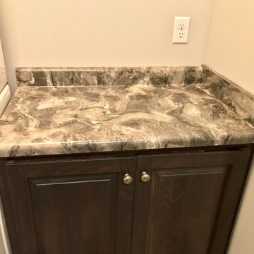 Basement Kitchen Koch Beech Stone MSI Quartz Peppercorn White