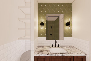 Modelo de cuarto de baño principal, único y a medida ecléctico pequeño con armarios estilo shaker, puertas de armario de madera en tonos medios, lavabo bajoencimera, encimera de mármol, ducha abierta y encimeras blancas