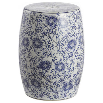 Lotus Blossom 17.5" Ceramic Drum Garden Stool, Blue and White