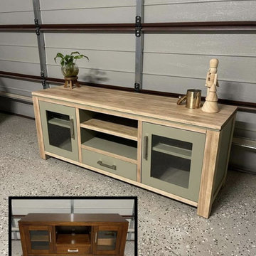 Modern Rustic TV Console Transformation - Refinished Oak and Green Accent