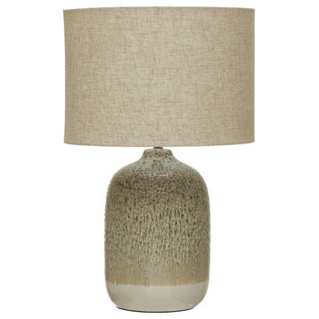 Stoneware Table Lamp With Linen Shade/Inline Switch, Reactive Glaze, Taupe