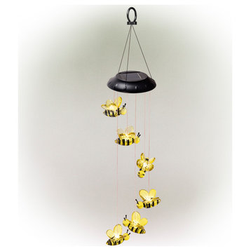 Alpine Solar Bee Wind Chime With White LED Light, 27"