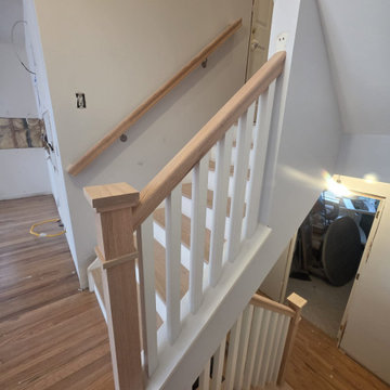 New Red Oak Stair Treads with White Risers and Custom All-Wood Railing