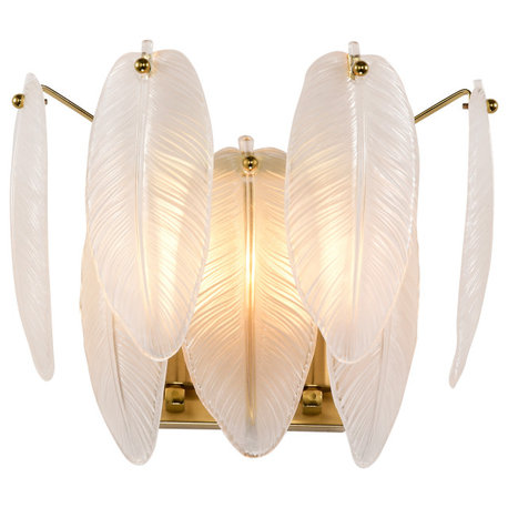 Cervine 2-Light Brushed Shiny Brass Feather-shaped Glass Wall Sconce