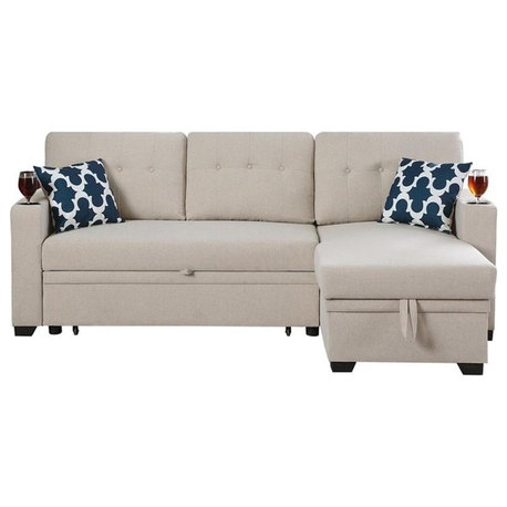 Reversible Fabric Sleeper Sofa Bed & Chaise with Cup Holder-Beige