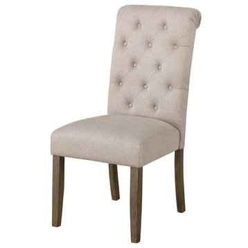 Set of 2 Dining Chair, Hardwood Legs With Diamond Button Tufted Back, Beige