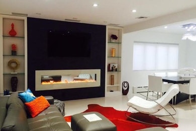Inspiration for a mid-sized contemporary open concept white floor living room remodel in New York with white walls, a two-sided fireplace, a tile fireplace and a wall-mounted tv