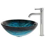 Kraus USA - Glass Vessel Sink, Bathroom Ramus Faucet, PU Drain, Mounting Ring, Chrome - KRAUS Ladon Glass Vessel Sink in Blue with Ramus Faucet in Chrome