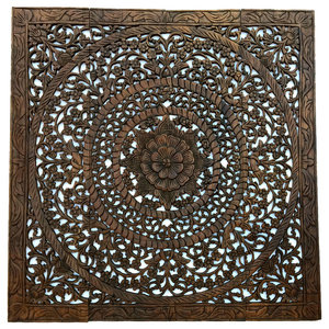 Hand Carved Round Plumeria Floral Bloom Teak Wood Wall Art 8 Inches