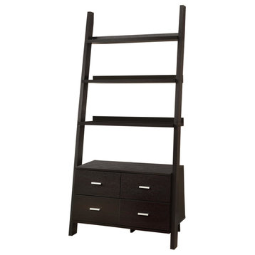 Benzara BM172220 Ladder Bookcase With 4 Storage Drawers, Cappuccino