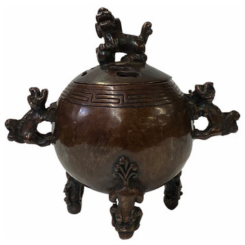 Oriental Brown Finish Metal Incense Burner with Foo Dogs Accent Lid Hws1596