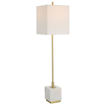 Slim Brass Gold White Buffet Table Lamp Marble Square 37 in x 9 Contemporary