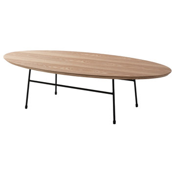LeisureMod Rossmore Oval Coffee Table with Black Steel Frame, Natural Wood