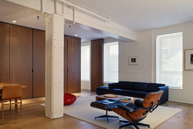Urban formal light wood floor living room photo in New York with white walls and no fireplace